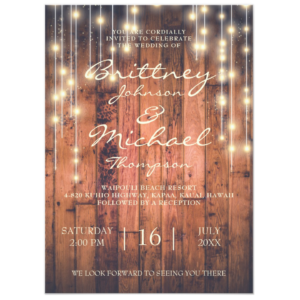 Rustic Brown Wood & Lights | Wedding Invitation