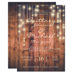 Rustic Brown Wood & Lights | Wedding Invitation